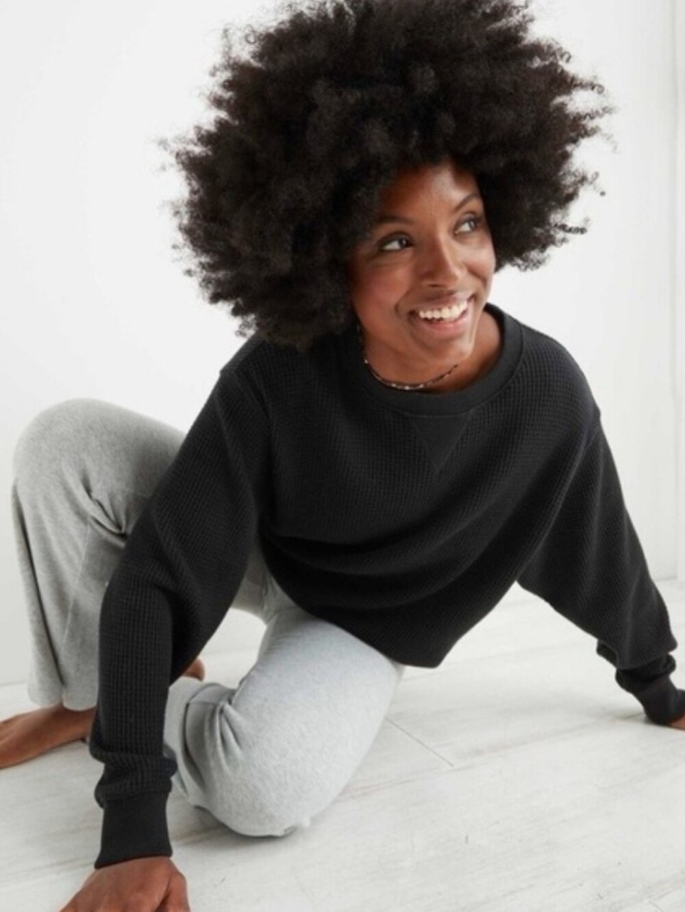 Aerie Black The Sweat Waffle Thermal Crew Neck Oversized Sweatshirt